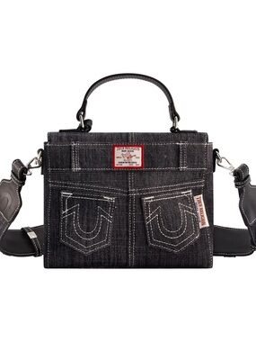 True Religion Black Denim Messenger Bag with White Stitching